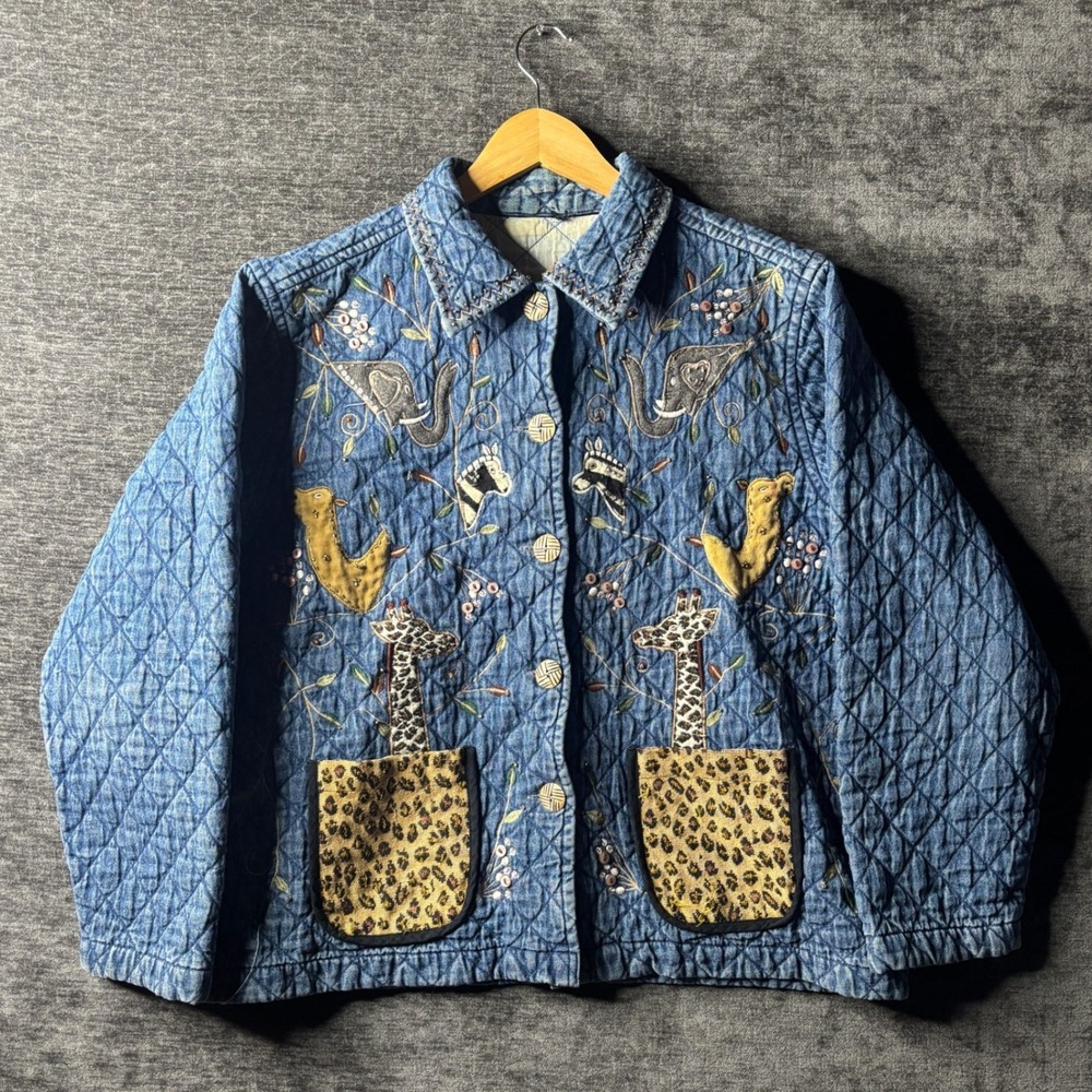 Vintage Quilted Denim Safari Jacket Embroidered Elephant Giraffe Blue Size M